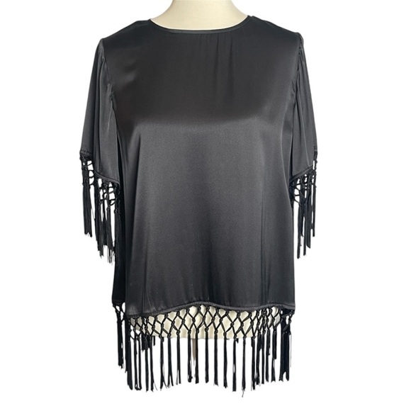 Cami NYC Fara Top Black Short Sleeved Silk Top with Fringe - Size XS - Picture 1 of 15